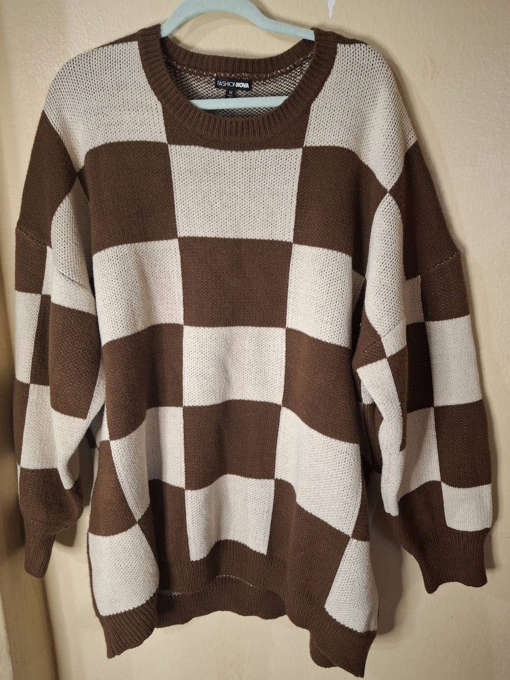 Fashion Nova Women's Brown & Cream Checker Knit Sweater